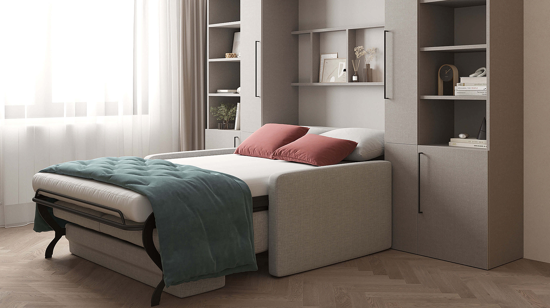 В зоне хранения можно разместить не только книги и нужные мелочи, но и полноценное спальное место с удобным матрасом