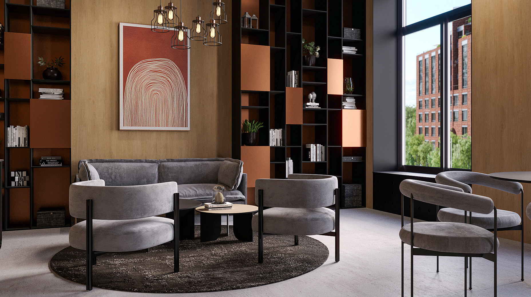 Дизайнерский акцент зоны отдыха  — стеллаж с металлизированными фасадами scalar